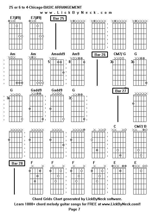 Chord Grids Chart of chord melody fingerstyle guitar song-25 or 6 to 4-Chicago-BASIC ARRANGEMENT,generated by LickByNeck software.